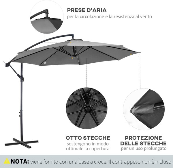 Outsunny Ombrellone da Esterni Struttura in Acciaio e Poliestere Impermeabile Anti-UV Φ300x250cm Grigio|Aosom