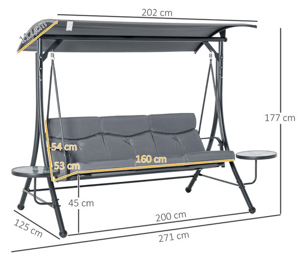 Outsunny Dondolo da Giardino 3 Posti o Balcone con Tettuccio Regolabile e 2 Tavolini, per Esterno, Grigio 271x125x177cm|Aosom