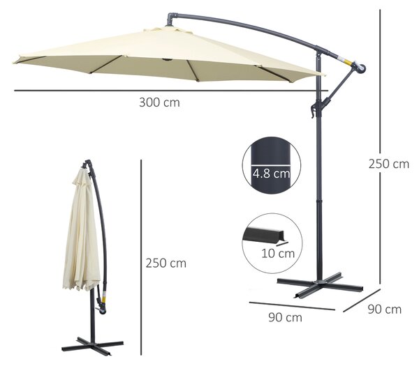 Outsunny Ombrellone da Giardino Decentrato Ø3m con Struttura in Metallo, Manovella e Base a Croce, Beige | Aosom