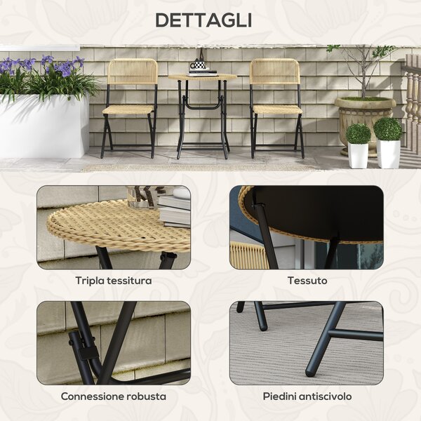 Outsunny Set da Giardino 3 Pezzi in Rattan e Acciaio, 2 Sedie Pieghevoli e Tavolino da Caffè, Giallo e Nero|Aosom