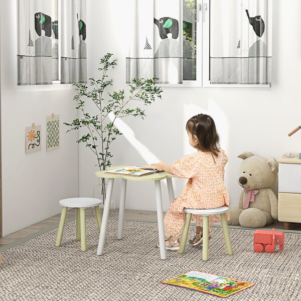 ZONEKIZ Set Tavolo e Sedie per Bambini 2-5 Anni, 3 pezzi in MDF e Legno di Pino con Design a Fiori, Giallo e Bianco|Aosom