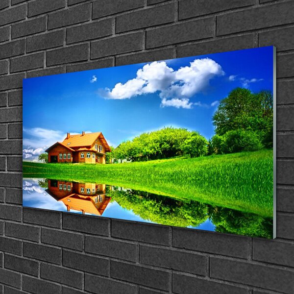 Quadro di vetro Casa Lago Erba Natura 100x50 cm 2 appendini