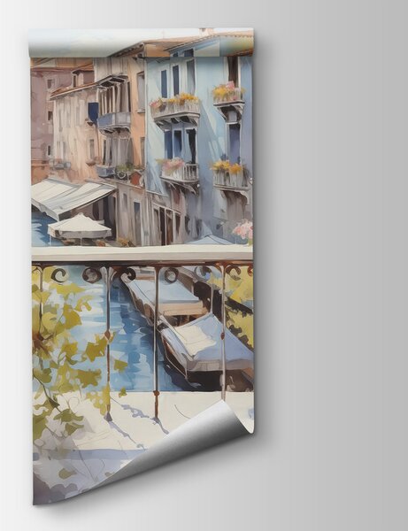 Carta da parati Acquerello di un fiume con una fila di edifici e fiori su un balcone, Carta da parati acquerello sul muro, Carta da parati popolare, w01052 - Tapeko.it