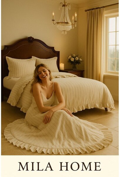 Set copripiumino e federa beige in cotone renforcé per letto matrimoniale ed esteso 240x220 cm Amalia Striped – Mila Home Luxury