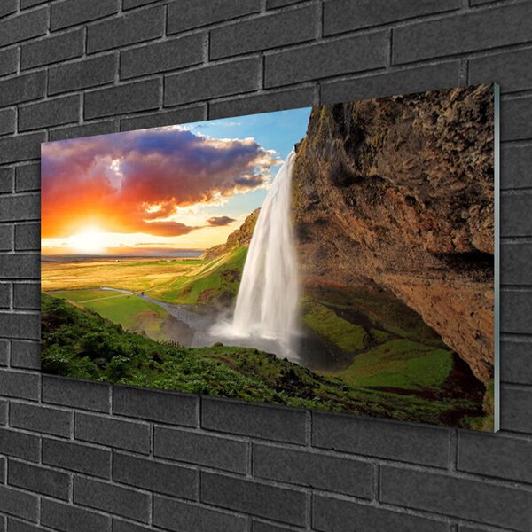 Quadro vetro Monte Cascata Natura 100x50 cm 2 appendini