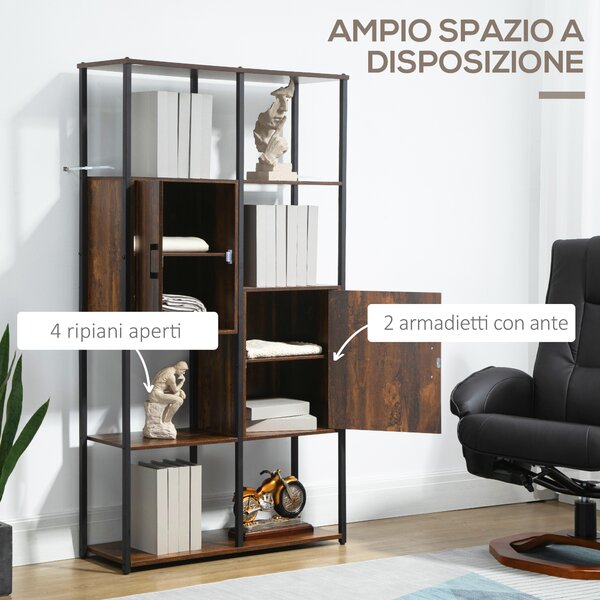 HOMCOM Libreria Nero Marrone 4 Ripiani 2 Armadietti, Stile Industriale, Design Elegante per Soggiorno, 90x30x159.5cm|Aosom