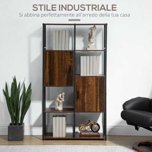HOMCOM Libreria Nero Marrone 4 Ripiani 2 Armadietti, Stile Industriale, Design Elegante per Soggiorno, 90x30x159.5cm|Aosom