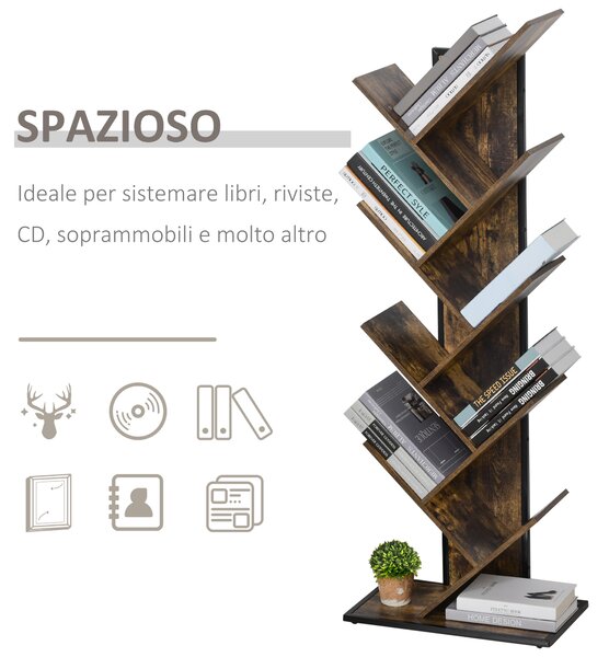 HOMCOM scaffale libreria design scaffale in legno ad Albero in Legno, Scaffale con Tanti Ripiani per Casa e Ufficio, Marrone, 50 x 28 x 142cm|Aosom