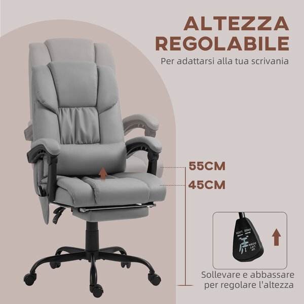 Vinsetto Poltrona Massaggiante e Reclinabile con Poggiapiedi, in Finta Pelle e Acciaio, 66x75x112-122 cm, Grigio