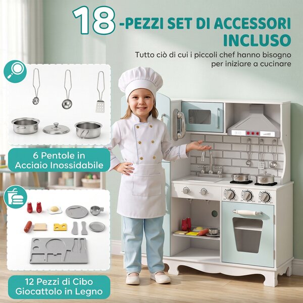 AIYAPLAY Cucina Giocattolo per Bambini in Legno con Luci, Suoni, Accessori, Frigo, Forno, Macchina Caffè, Verde Chiaro | Aosom Italy