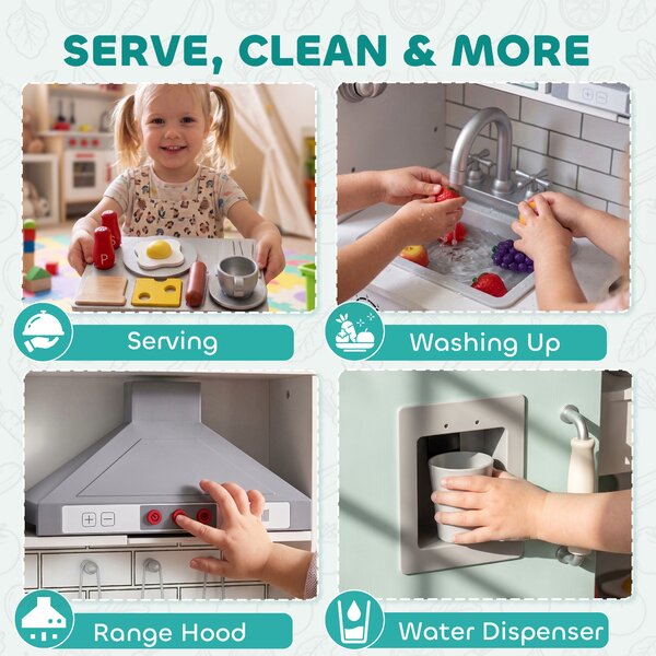 AIYAPLAY Cucina Giocattolo per Bambini in Legno con Luci, Suoni, Accessori, Frigo, Forno, Macchina Caffè, Verde Chiaro | Aosom Italy