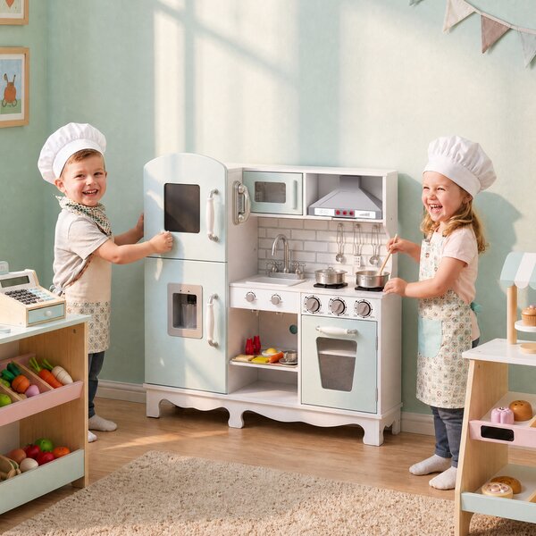 AIYAPLAY Cucina Giocattolo per Bambini in Legno con Luci, Suoni, Accessori, Frigo, Forno, Macchina Caffè, Verde Chiaro | Aosom Italy