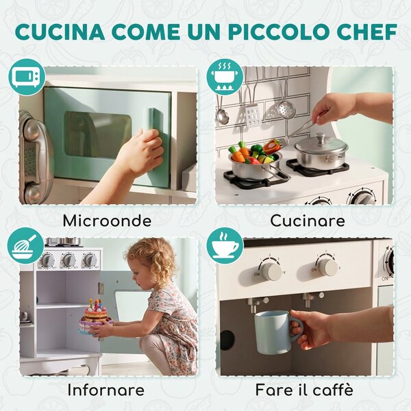 AIYAPLAY Cucina Giocattolo per Bambini in Legno con Luci, Suoni, Accessori, Frigo, Forno, Macchina Caffè, Verde Chiaro | Aosom Italy