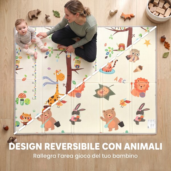 AIYAPLAY Tappeto Gioco Bambini 200x150x1.5 cm a Tema Foresta Pieghevole Reversibile in XPE, 0-3 Anni, Multicolore | Aosom Italy