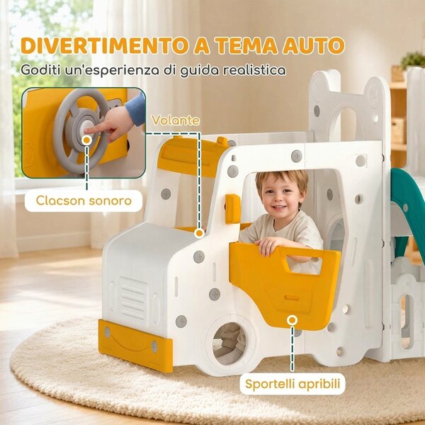 AIYAPLAY 7 in 1 Set Scivolo Bambini con Altalena, Tema Auto, Scaletta, Tunnel, Contenitore e Gradini Antiscivolo, Bianco | Aosom Italy