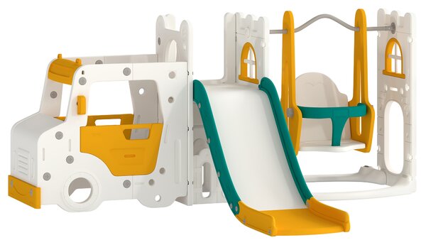 AIYAPLAY 7 in 1 Set Scivolo Bambini con Altalena, Tema Auto, Scaletta, Tunnel, Contenitore e Gradini Antiscivolo, Bianco | Aosom Italy
