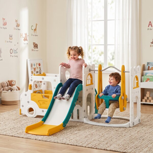 AIYAPLAY 7 in 1 Set Scivolo Bambini con Altalena, Tema Auto, Scaletta, Tunnel, Contenitore e Gradini Antiscivolo, Bianco | Aosom Italy