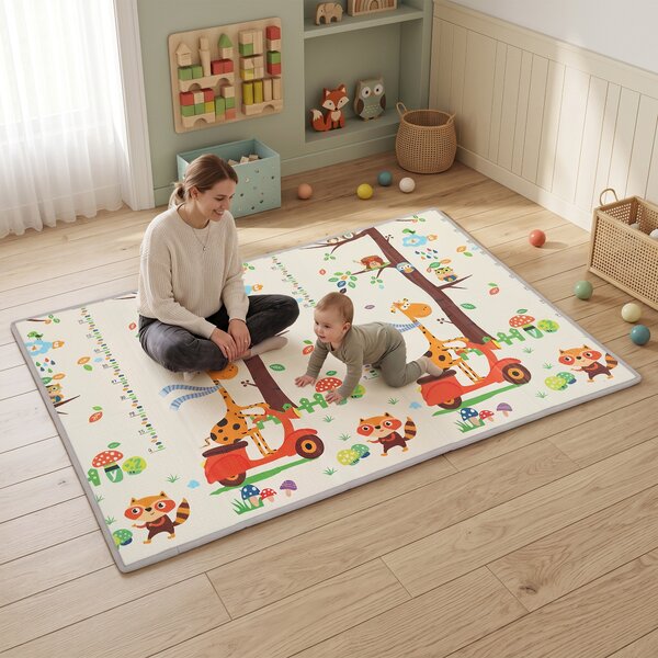 AIYAPLAY Tappeto Gioco Bambini 200x150x1.5 cm a Tema Foresta Pieghevole Reversibile in XPE, 0-3 Anni, Multicolore | Aosom Italy