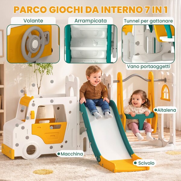AIYAPLAY 7 in 1 Set Scivolo Bambini con Altalena, Tema Auto, Scaletta, Tunnel, Contenitore e Gradini Antiscivolo, Bianco | Aosom Italy