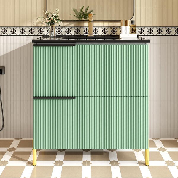 Mobile autoportante per lavabo con lavabo in Vetroceramica, dimensioni 81,5x47x90 cm, colore verde, realizzata in MDF, con due ampi cassetti