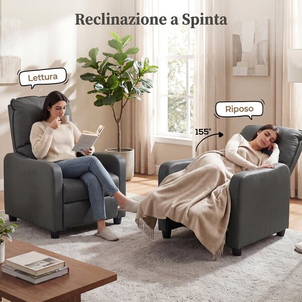 HOMCOM Poltrona Relax Reclinabile Manuale 155° con Poggiapiedi, in Pelle PU, per Soggiorno e Camera, Grigio scuro | Aosom Italy