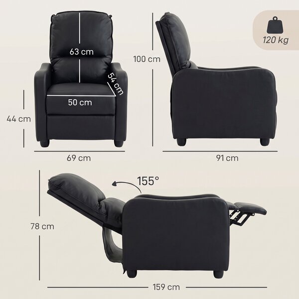 HOMCOM Poltrona Relax Reclinabile Manuale 155° con Poggiapiedi, in Pelle PU, per Soggiorno e Camera, 69x91x100cm, Nero | Aosom Italy
