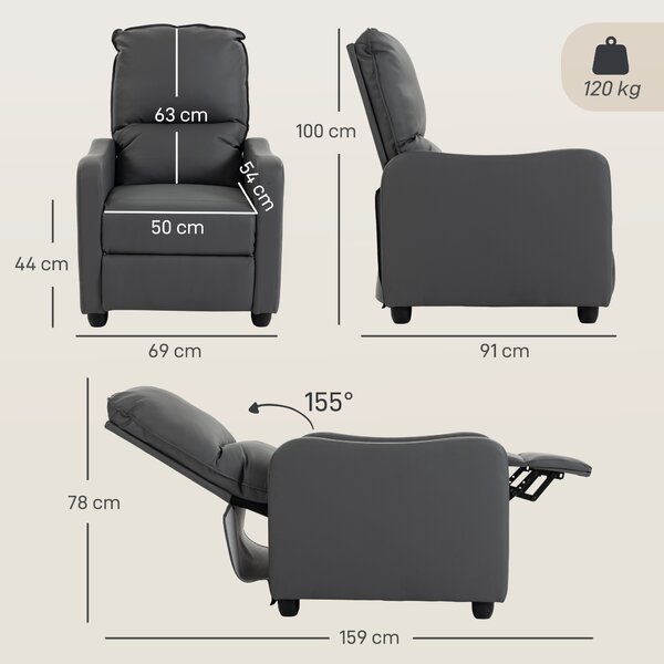 HOMCOM Poltrona Relax Reclinabile Manuale 155° con Poggiapiedi, in Pelle PU, per Soggiorno e Camera, Grigio scuro | Aosom Italy