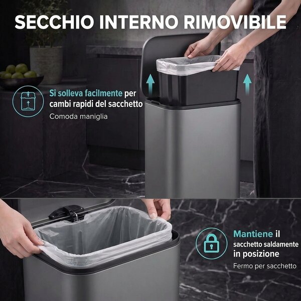 HOMCOM Pattumiera Rettangolare a Pedale 30L con Secchio Interno Rimovibile, Chiusura Ammortizzata, Manico, Grigio Scuro | Aosom Italy