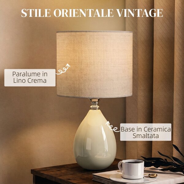 HOMCOM Lampada da Tavolo in Ceramica con Paralume in Tessuto Effetto Lino, E27, Interruttore a Bilanciere, Crema | Aosom Italy