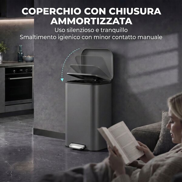 HOMCOM Pattumiera Rettangolare a Pedale 30L con Secchio Interno Rimovibile, Chiusura Ammortizzata, Manico, Grigio Scuro | Aosom Italy