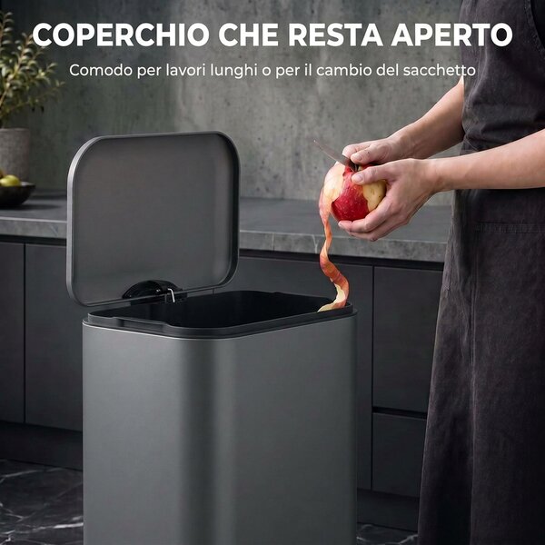 HOMCOM Pattumiera Rettangolare a Pedale 30L con Secchio Interno Rimovibile, Chiusura Ammortizzata, Manico, Grigio Scuro | Aosom Italy