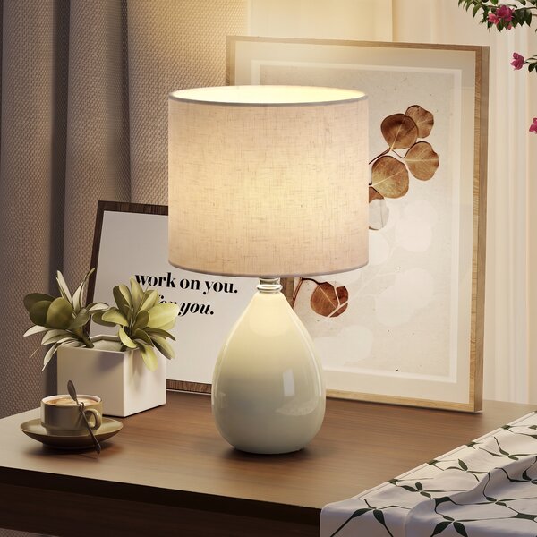 HOMCOM Lampada da Tavolo in Ceramica con Paralume in Tessuto Effetto Lino, E27, Interruttore a Bilanciere, Crema | Aosom Italy