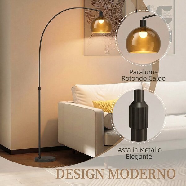 HOMCOM Lampada da Terra ad Arco con Interruttore a Pedale, in Marmo, Ferro e Plastica, 90x26x180 cm, Nero e Grigio Fumo | Aosom Italy
