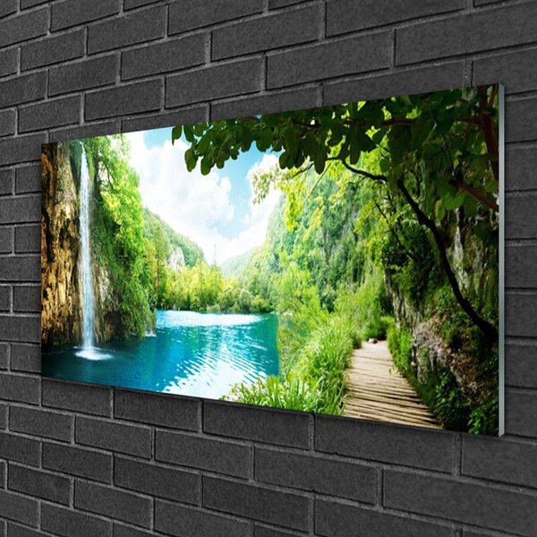 Quadro in vetro Cascata Lago Natura 100x50 cm 2 appendini