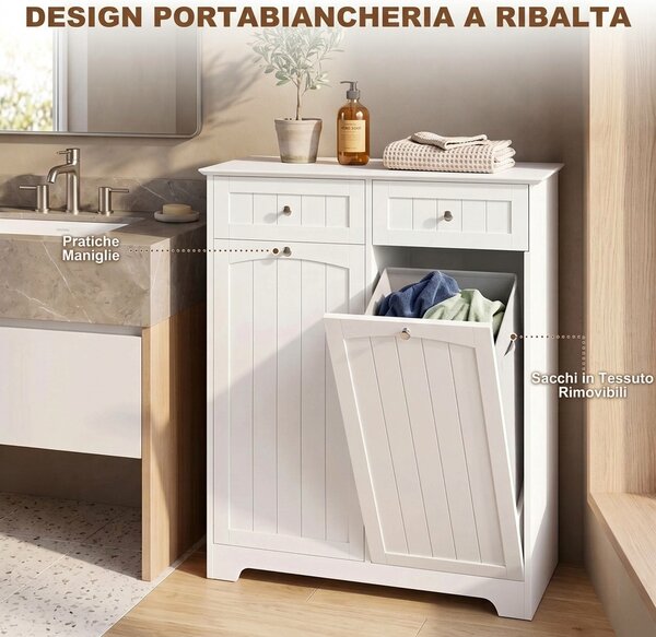 HOMCOM Mobile Bagno Salvaspazio con 2 Cassetti e 2 Cesti, Bianco | Aosom Italy