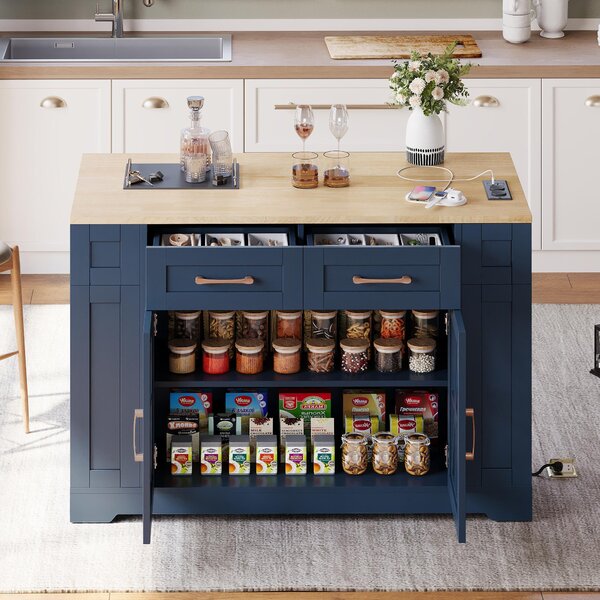 Isola da cucina con tavolo pieghevole, dimensioni 120x40(65)x92 cm, dotata di ante in vetro, cassetti, prese di corrente e ruote, ideale per cucina e sala da pranzo