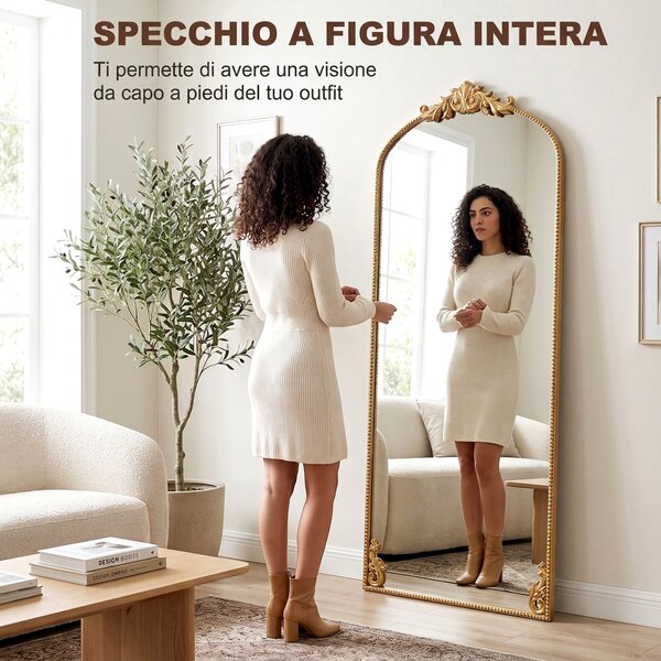 HOMCOM Specchio Figura Intera 180 x 75 cm, da Appendere o Appoggiare, da Terra, Oro Vintage | Aosom Italy