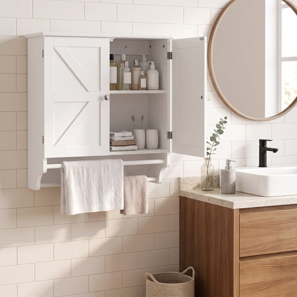 HOMCOM Mobiletto Bagno Pensile Salvaspazio Con 2 Ante E Portasciugamani Bianco | Aosom Italy