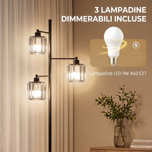 HOMCOM Lampada da Terra 40W, 3 Lampadine LED E27, Telecomando Magnetico, Dimmerabile, 3 Temperature di Colore, Nero | Aosom Italy