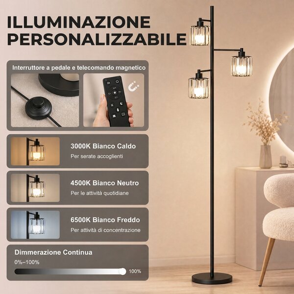 HOMCOM Lampada da Terra 40W, 3 Lampadine LED E27, Telecomando Magnetico, Dimmerabile, 3 Temperature di Colore, Nero | Aosom Italy