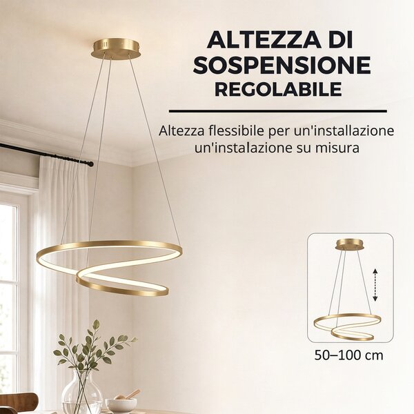 HOMCOM 38W Lampada Sospensione LED con 2 Anelli e 3 Temperature di Colore, 3000-6000K, Altezza Regolabile, Oro | Aosom Italy