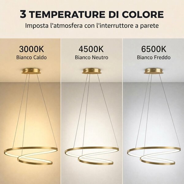 HOMCOM 38W Lampada Sospensione LED con 2 Anelli e 3 Temperature di Colore, 3000-6000K, Altezza Regolabile, Oro | Aosom Italy