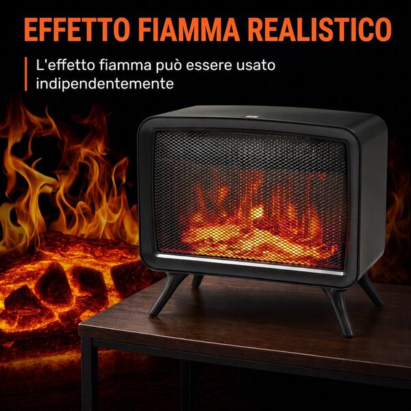 HOMCOM Caminetto Elettrico da Tavolo 800W/1600W con Base Rimovibile, Effetto Fiamma LED, 25㎡, Nero | Aosom Italy