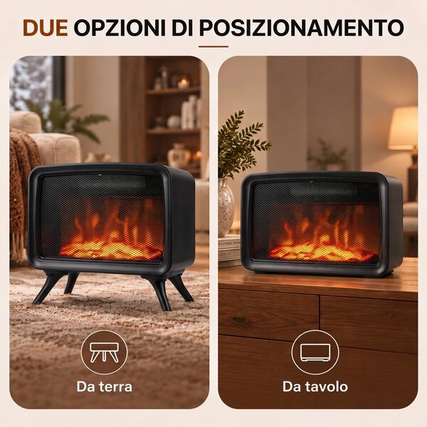 HOMCOM Caminetto Elettrico da Tavolo 800W/1600W con Base Rimovibile, Effetto Fiamma LED, 25㎡, Nero | Aosom Italy