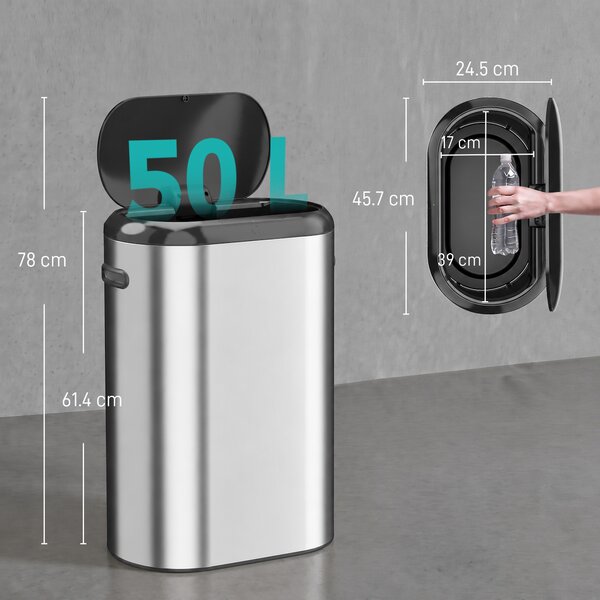 HOMCOM Pattumiera Automatica con Sensore a Infrarossi 50 L in Acciaio Inox Anti-Impronta, Chiusura Ammortizzata, Argento | Aosom Italy