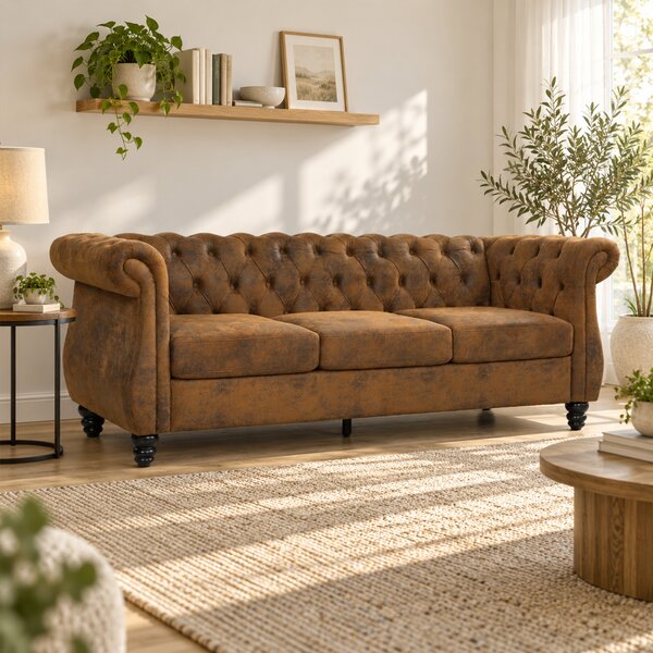 HOMCOM Divano 3 Posti Chesterfield in Tessuto Effetto Pelle Traspirante, Seduta Ampia, Imbottitura Spessa, Caffè | Aosom Italy