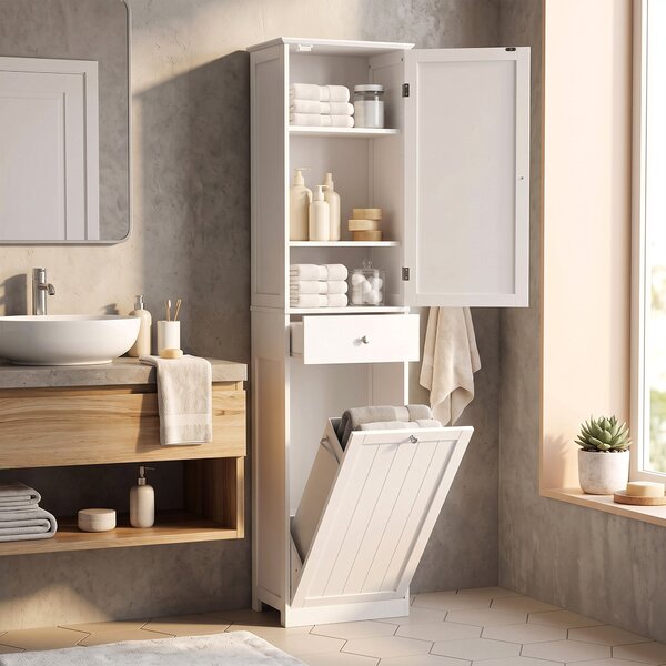 HOMCOM Mobile Bagno a Colonna 180 cm con Cesto Portabiancheria Ribaltabile, Bianco | Aosom Italy