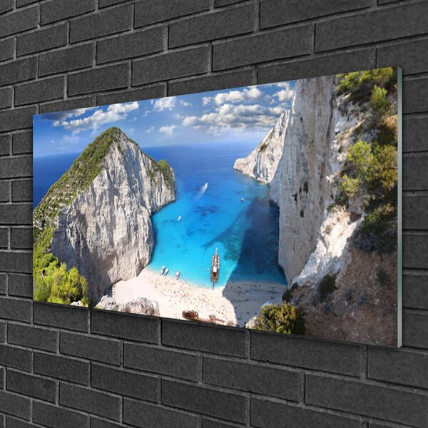 Quadro su vetro Paesaggio della spiaggia di Bay Mountain 100x50 cm 2 appendini