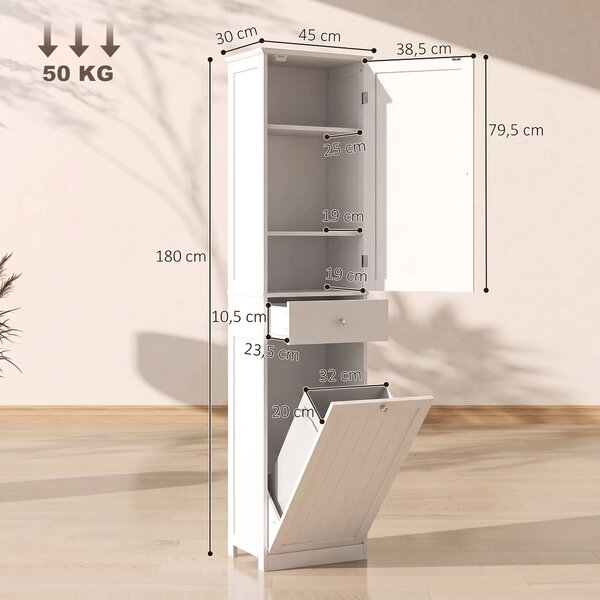 HOMCOM Mobile Bagno a Colonna 180 cm con Cesto Portabiancheria Ribaltabile, Bianco | Aosom Italy