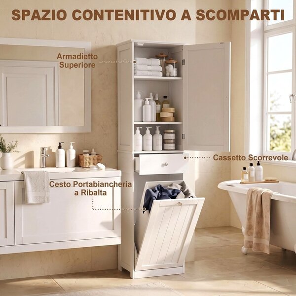 HOMCOM Mobile Bagno a Colonna 180 cm con Cesto Portabiancheria Ribaltabile, Bianco | Aosom Italy